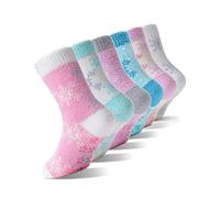 EBMORE Chaussettes antidérapantes pour enfants, douillettes pour filles, épaisses, d'hiver chaudes et antidérapantes, chaussettes moelleuses, cadeaux, 6 paires (Flocon de neige, 8-12 ans)