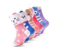 EBMORE Chaussettes antidérapantes pour enfants, douillettes pour filles, épaisses, d'hiver chaudes et antidérapantes, chaussettes moelleuses, cadeaux, 6 paires (Animaux, 8-12 ans)