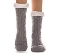 EBMORE Chaussettes Femme Chausson, Chaussettes Chaudes pour Hiver, Chaussette pilou pilou femme, Thermique Pantoufles Chaussettes Antidérapant Épaisses de Noël,Tallie UE 36-41 (Gris T)