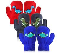 EBOOT 3 Paires Moufles d'Hiver de Dinosaure Gants Tricotés pour Enfants Mitaines en Tricot pour Tout-Petits Gants de Ski Chauds Gants Unisexe pour Bébé 1 à 4 Ans (Gris Foncé, Rouge, Bleu Ciel, Beau)