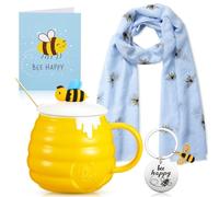 EBOOT 4 Pcs Set de Cadeaux Abeille pour Femme Comprenant Tasse à Café en Céramique avec Couvercle et Cuillère Châle Foulard Imprimé Abeille en Soie Porte-Clés avec Carte Coffret (Abeille Bleue)