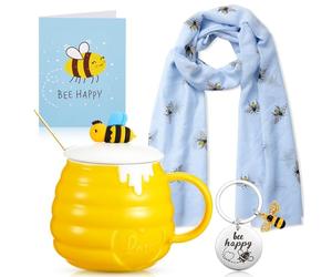 EBOOT 4 Pcs Set de Cadeaux Abeille pour Femme Comprenant Tasse à Café en Céramique avec Couvercle et Cuillère Châle Foulard Imprimé Abeille en Soie Porte-Clés avec Carte Coffret (Abeille Bleue)
