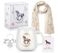 EBOOT 4 Pcs Set de Cadeaux Cheval pour Femme Comprenant Tasse à Café en Céramique avec Couvercle et Cuillère Châle Foulard Imprimé Cheval en Soie Porte-Clés avec Carte Coffret (Cheval)