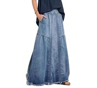 ebossy Jupe Longue décontractée en Jean avec Taille élastique et Ourlet effiloché pour Femme, Bleu, 34