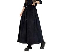 ebossy Jupe longue plissée en velours côtelé taille haute élastique avec cordon de serrage sur le devant et poches pour femme, noir, XX-Large