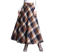 ebossy Jupe Longue Vintage Taille Haute en Laine mélangée à Carreaux avec Poche, Kaki, Taille XL