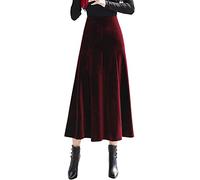 ebossy Jupe mi-longue plissée en velours élastique vintage pour femme, bordeaux, Taille XL