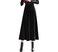 ebossy Jupe mi-longue plissée en velours élastique vintage pour femme, noir, Taille XL