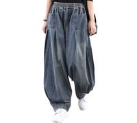 ebossy Women's Denim Harem Pants Elastic Waist Pleated Wide Leg Baggy Jeans (Medium, Blue)