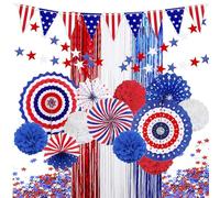 eBotuik - Ensemble de décorations de fête patriotique des États-Unis - Guirlande rouge, blanche et bleue, éventails en papier, fanions, confettis et goutte de porte - Jour de l'indépendance du 4