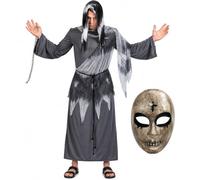 eBoutik - Costume d'Halloween d'ange de la mort pour adultes avec masque - Cape d'horreur grise - Taille unique - Masque de faucheuse et de peste croisée - Déguisement effrayant