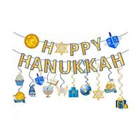 eBoutik - Décoration de fête « Happy Hanukkah » à suspendre et spirales - Bannière décorative pour fête sur le thème juif