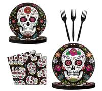 eBoutik - Ensemble de vaisselle coloré Jour des morts Halloween - Assiettes, tasses, serviettes en papier, fournitures de fête pour El Día de Los Muertos Sugar Skull Squelette Décoration pour les