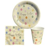 eBoutik - Grand ensemble de vaisselle de fête de Pâques - Vaisselle sur le thème des œufs de Pâques sur le thème de la décoration printanière, 10 assiettes, 10 tasses, 15 serviettes avec fanions
