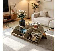 EBOYNSowAprr Table Basse Minimaliste de Luxe en Bois Massif, Table Centrale à Cadre Bois et Plateau Verre Trempé, Table Cocktail Décorative Art Moderne pour Salon(Grey,47.2")