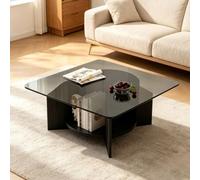 EBOYNSowAprr Table Basse Minimaliste de Luxe en Bois Massif, Table Centrale à Cadre Bois et Plateau Verre Trempé, Table Cocktail Décorative Art Moderne pour Salon(Black+Grey,23.6")