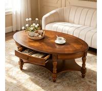 EBOYNSowAprr Table Basse Ovale de Luxe en Bois Massif Sculpté à la Main | Table Basse Style Campagne Américaine avec Compartiment de Rangement, Bords Arrondis Sécurisés(Cherry,51.2x29.5x18.5 in)