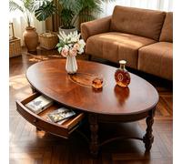 EBOYNSowAprr Table Basse Ovale de Luxe en Bois Massif Sculpté à la Main | Table Basse Style Campagne Américaine avec Compartiment de Rangement, Bords Arrondis Sécurisés(Walnut,51.2x29.5x18.5 in)