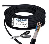 Ebrom au mètre près : câble d'alimentation électrique NYY-J 3 x 4 mm² - Câble de terre - Noir - Longueur au choix par incréments de 5 m - Ex. : 10 m - 20 m - 25 m - 30 m, etc.