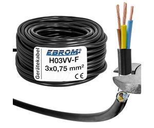 EBROM Câble en plastique rond, câble, câble électrique, conducteur, câble pour appareil H03VV-F 3 x 0,75 mm² - Couleur : noir, plusieurs longueurs par pas de 5 mètres jusqu'à 200 mètres - 3G0,75 mm2