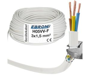 EBROM Câble en plastique rond H05VV-F 3 x 1,5 mm² 3G1,5 mm² - Couleur : blanc - Plusieurs longueurs par incréments de 5 mètres jusqu'à 150 mètres - Longueur du câble : 50 m