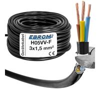 EBROM Câble en plastique rond H05VV-F 3 x 1,5 mm² 3G1,5 mm² - Couleur : noir - Plusieurs longueurs par incréments de 5 m jusqu'à 150 mètres - Longueur du câble : 50 m