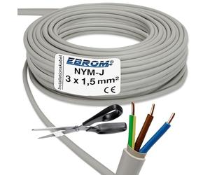 EBROM Câble gainé NYM-J 3 x 1,5 mm² - Câble d'installation pour pièces humides - Gris - Grand choix de longueurs par incréments de 5 mètres jusqu'à 250 mètres en une seule pièce - Longueur : 3 x 1,5