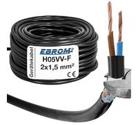 EBROM Câble souple rond en plastique, câble électrique, câble de courant, câble, câble d'appareil H05VV-F 2x1,5 mm² - Couleur : noir - Plusieurs longueurs par pas de 5 mètres jusqu'à 200 mètres 2x1,5