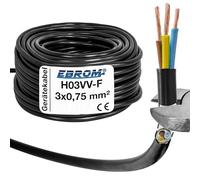 EBROM H03VV-F Câble rond en plastique 3 x 0,75 mm² - Couleur : noir - Plusieurs longueurs par incréments de 5 m jusqu'à 200 m 3G0,75 mm² - Longueur du câble : 25 m