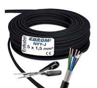 EBROM - NYY-J Câble électrique de puissance en plastique 5 câbles de 1,5 mm² assemblés Câble souterrain 10 m / 10 m / 10 m Noir