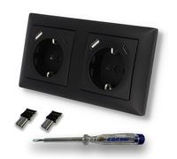 EBROM SET IDEE: BBblack 2 x prise Schuko avec USB A + USB C + adaptateur USBC vers USBA, noir mat, PD Standard A&C : 5 V-3,0 A / 9 V-2 A / 12 V-1,5 A / 18 V-1 A, max. 18 W / 16 A + testeur de phase