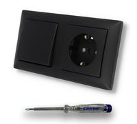 EBROM SET IDEE: Busch Jäger Kit avec interrupteur va-et-vient ON/OUS 2000/6 US + prise 20EUC-915 BalanceSi noir mat + testeur de phase EBROM pour montage des appareils