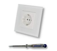 EBROM SET IDEE: BUSCH JÄGER Prise 20EUC-914 Balance Si blanc alpin brillant, kit complet avec cadre en verre EBROM blanc + testeur de phase EBROM pour montage