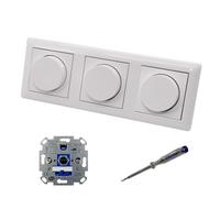 EBROM SET IDEE: REV Ritter Lot de 3 variateurs d'intensité LED rotatifs + disques d'intensité Gira 065003 en System55 blanc pur brillant dans un cadre triple avec testeur de phase EBROM pour le