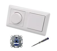 EBROM SET IDEE: REV Ritter Variateur d'intensité rotatif LED + disque variateur Jung A1740WW et bouton d'éclairage 531U en AS500 blanc alpin brillant avec testeur de phase EBROM pour montage des