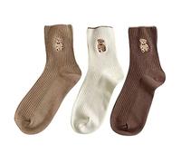 EBSBAG 3 Paires/Lot Coton Femmes Chaussettes Ensemble Ours brodé Kawaii INS Dessin animé Fille Hiver été Mignon décontracté Longue corée Doux Blanc Pack (Color : J, Size : One Size)