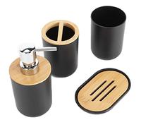 EBTOOLS Ensemble de 4 Accessoires de Salle de Bain Complets, Ensemble de Salle de Bain avec Porte-Brosse à Dents, Porte-Savon, Distributeur de Lotion et Gobelet, en Plastique + Bambou(Noir)