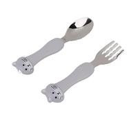 EBTOOLS Ensemble de Fourche et Cuillère Mignon de Dessins Animés - Volent en Acier Inoxydable avec des Poignées PP Confortables pour l'alimentation et l'entraînement (Chat)