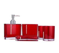 EBTOOLS Ensemble de Salle de Bain Premium, Bouteille de Lotion Porte-Brosse à Dents Tasse à Dents Porte-Savon 5 Pièces Accessoires de Salle de Bain en Acrylique Elégant pour Maison Hôtel Rouge