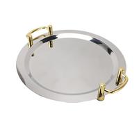 EBTOOLS Plateau de Service en Acier Inoxydable élégant avec Poignée Dorée, Plaques de Dîner Fini Miroir pour Buffet, Conception Rectangulaire de 18,7 Pouces (Round (diamètre 15,7 pouces))