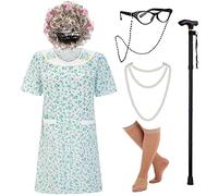 EBYTOP Old Lady Costume for Women, Halloween Granny Dress Up Wig Grandma Glasses Cane 100 100th Das of School,L-XL