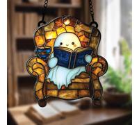 ECBLI Cozy Ghost Reader Suncatcher, Perfect Halloween Bookish Bathroom Decor, Stained Glass Window Hanging Sun Catcher Book Lover Gifts for Women Wall Decor Handmade Decoration(Throne)