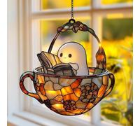 ECBLI Cozy Ghost Reader Suncatcher, Perfect Halloween Bookish Bathroom Decor, Stained Glass Window Hanging Sun Catcher Book Lover Gifts for Women Wall Decor Handmade Decoration(Teacup)
