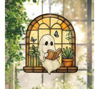 ECBLI Cozy Ghost Reader Suncatcher, Perfect Halloween Bookish Bathroom Decor, Stained Glass Window Hanging Sun Catcher Book Lover Gifts for Women Wall Decor Handmade Decoration(Balcony)