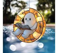 ECBLI Cozy Ghost Reader Suncatcher, Perfect Halloween Bookish Bathroom Decor, Stained Glass Window Hanging Sun Catcher Book Lover Gifts for Women Wall Decor Handmade Decoration(Pool)