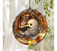 ECBLI Cozy Ghost Reader Suncatcher, Perfect Halloween Bookish Bathroom Decor, Stained Glass Window Hanging Sun Catcher Book Lover Gifts for Women Wall Decor Handmade Decoration(Bedroom)