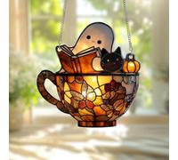 ECBLI Cozy Ghost Reader Suncatcher, Perfect Halloween Bookish Bathroom Decor, Stained Glass Window Hanging Sun Catcher Book Lover Gifts for Women Wall Decor Handmade Decoration(Black Cat)