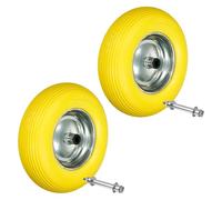 ECD Germany 2 x Roue de Brouette 4.80/4.00-8 - en Caoutchouc Solide PU Résistant - avec Essieu Axe - Diamètre Roue 390 mm - Jaune - Roue de Secours Chariot de Transport - Capacité Charge 200 kg