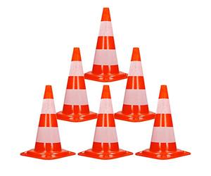 ECD Germany 6X Cônes Signalisation Pylône, 47cm, PVC Solide, Orange/Blanc, Triangle de Circulation, Marqueur Attention Sécurité, avec 2 Bandes Réfléchissantes, Pylone Cône Avertissement de Parking