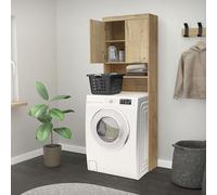 ECD Germany Armoire pour Machine à Laver avec 2 Portes et 2 Compartiments Ouverts, 187,5 x 63 cm, en Panneau de Particules, Aspect Chêne, Meuble Haute de Salle de Bain, Étagère Sèche-Linge Lave-Linge